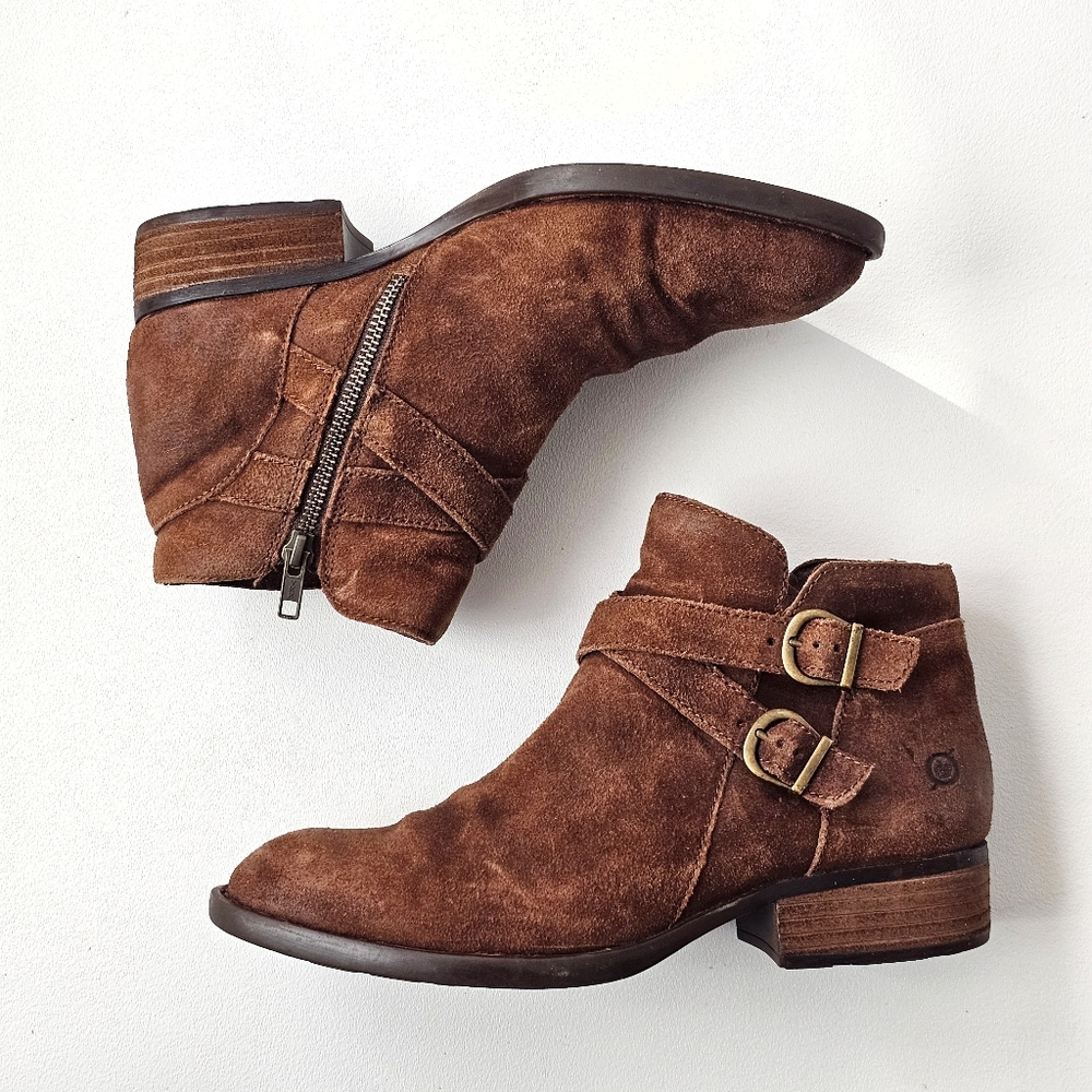 1990s Born Leather Ankle Western Boots Brown Suede Moto Buckle Zip Size 8.5